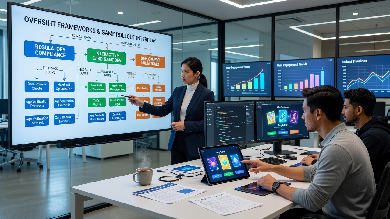 British regulatory documents alongside a tablet showing card game analytics dashboard